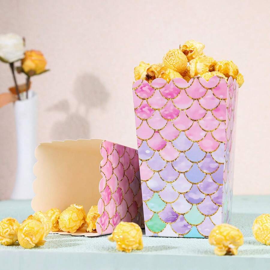 10/20/50/100PCS Cajas de palomitas de maíz de papel con borde dorado y degradado multicolor en forma de escamas de pez, contenedor desechable para aperitivos y golosinas para noche de cine, suministros de fiesta para boda, despedida de soltera, celebración & reunión en el patio trasero - Multicolor - Ver 1
