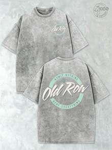 100% Cotton Washed T-Shirt230g Thickened Cotton Old Row Grey And Teal Circle Logo Double-Sided Print Summer Men's Fashion Washed Vintage Batik T-Shirt, Street Retro Style Round Neck Short Sleeve2026,Summer Outfits For Women,Graphic T Shirts - 灰色 - 查看 8