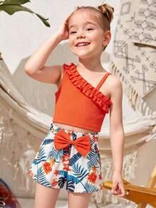 Young Girls Sleeveless Ruffle Trim Camisole Top + Sunflower Print Bow Shorts Set - Orange - View 4