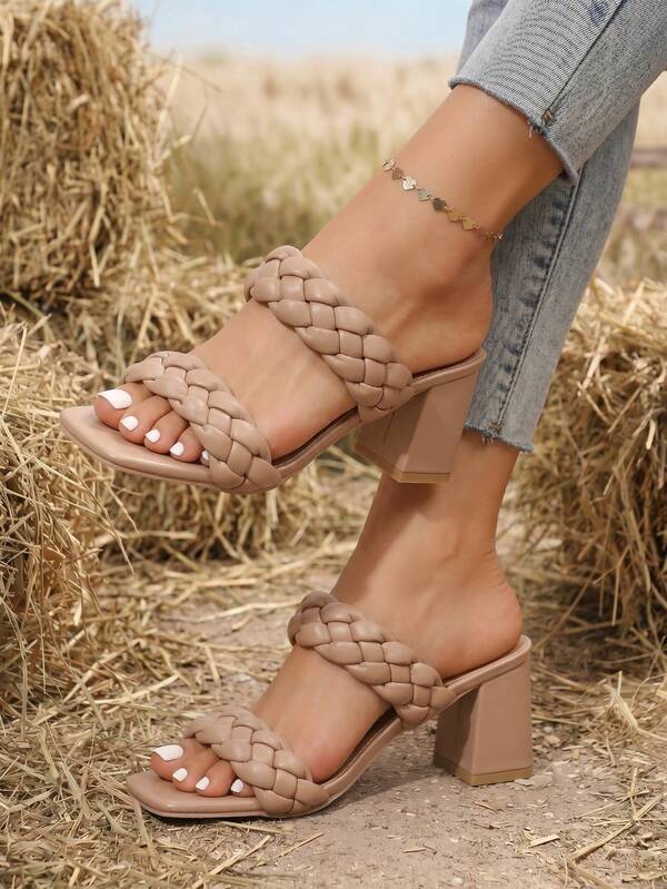 Women Woven Square-Toe Block Heel Sandals, Elegant Comfort Slip On Shoes For Dating Commuting Party Holiday Travel
