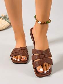 Ximi Ruo New Spring/Summer Fashion Casual Strap Slide Sandals, Comfortable Flat Heel Round Toe Beach Slippers, Versatile Slip-On Sandals For Women - Brown - View 4