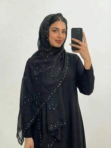 1件女士亮片刺绣穆斯林头巾披肩，带蕾丝边，适合派对、婚礼、节日搭配阿拉伯长袍穿着。 - 彩色 - 查看 15