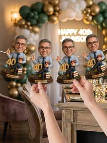 7pcs/14pcs/21pcs Personalized 2D Photo Bobblehead Birthday Banner, 25cm/9.84in, Custom Face & Text, Gym/Sports Theme Cake Topper & Party Decor. Perfect For 30th/40th Celebrations. Ideal For Fitness Fans & Friends. Great For Home Parties & Banquets. - Multicolor - View 3