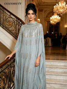 Áo choàng dài kiểu Ả Rập thanh lịch bằng vải chiffon, được trang trí bằng các chi tiết đính cườm vàng, thiết kế tay áo cánh dơi, cổ đứng, vải dệt màu đen, không co giãn, thích hợp cho mùa xuân. - Màu xanh nhạt - Xem 4