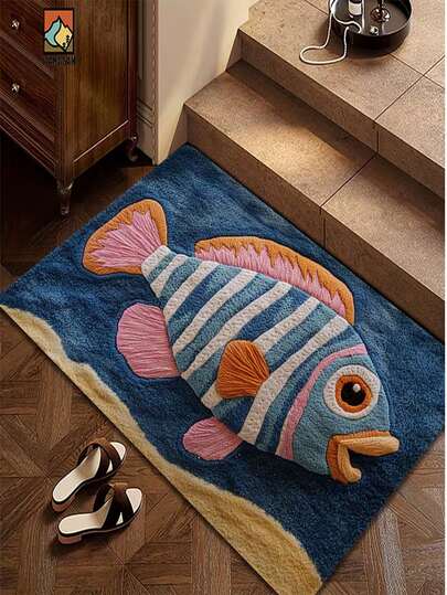 1 pieza de alfombra de piso con forma de pez de viento del océano azul profundo de lujo ligero, imitación de alfombra de baño de cachemira absorbente, suave y cómoda, con fuerte absorción de agua, adecuada para dormitorios, bañeras, baños, duchas y cuartos de baño.