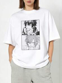Women's Soft And Casual Short-Sleeved T-Shirt With A Round Neck, Featuring A Classic Print Of Two Black And White Anime Characters With Smiling And Pouting Expressions. Black Color. - 白色 - 查看 5