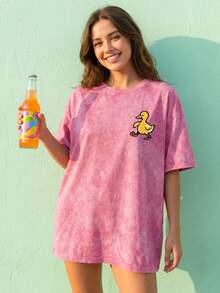 Damen Große Größen Kurzarm T-Shirt mit Enten Muster, Rundhals Regular Fit lässig Top, leicht dehnbar, geeignet für Herbst und Sommer - Rosenrot - Übersicht 8