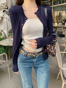 Early Spring New Knitted Pink Thin Jacket, Does Not Include White Vest, A Soft And Cute Knitted Spring Jacket For Women - Navy Blue - View 9