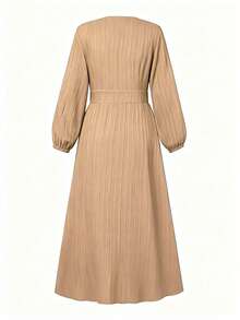 Vestido elegante de manga larga con botones, plisado y retorcido de unicolor - Camel - Ver 3