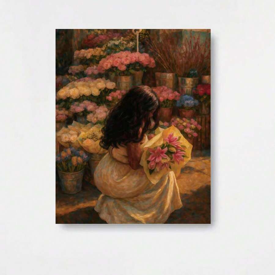 Pintura 2D Plana, 2D Plana, 2D Plana Sin Marco 'Flower Shop Girl' - Arte de Pared Moderno con Retrato de Mujer, Decoración Premium para Dormitorio Sala de Estar, Regalo para el Hogar con Tema de Primavera (Pieza Individual), Diseño 2D Plano - Enmarcado - Ver 1