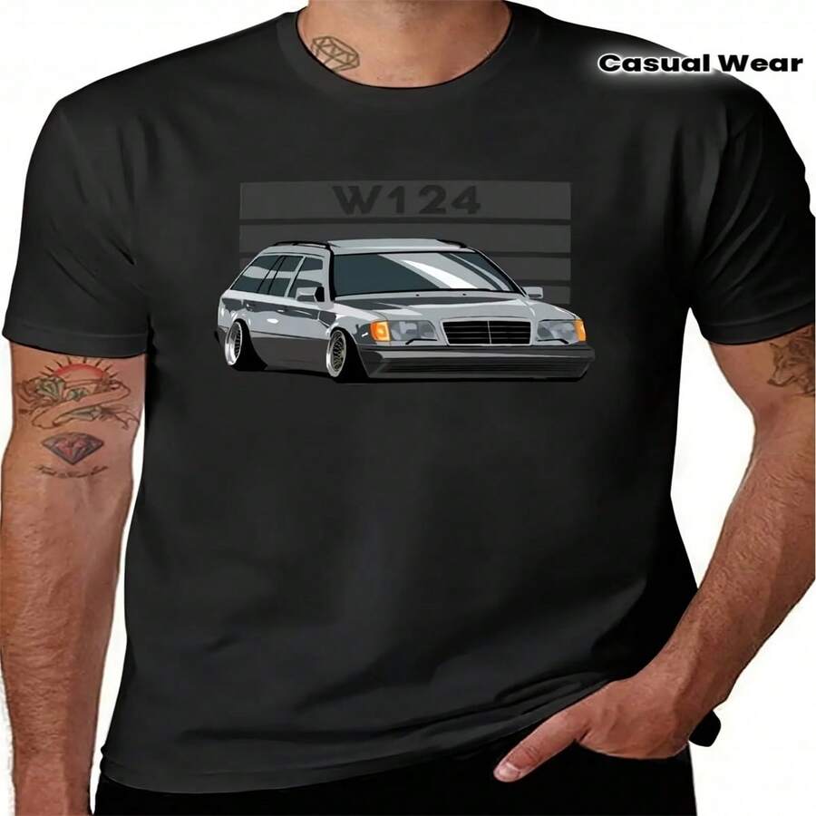 Men'S Breathable Short Sleeve Men'S Casual Tee - Tren Dy W124 Stanced Wagon Design, Black, Short Sleeves, Crew Neck, Breathable Material, Casual Wear, Daily T-Shirt Graphic Tee Comf - màu đen - Xem 1