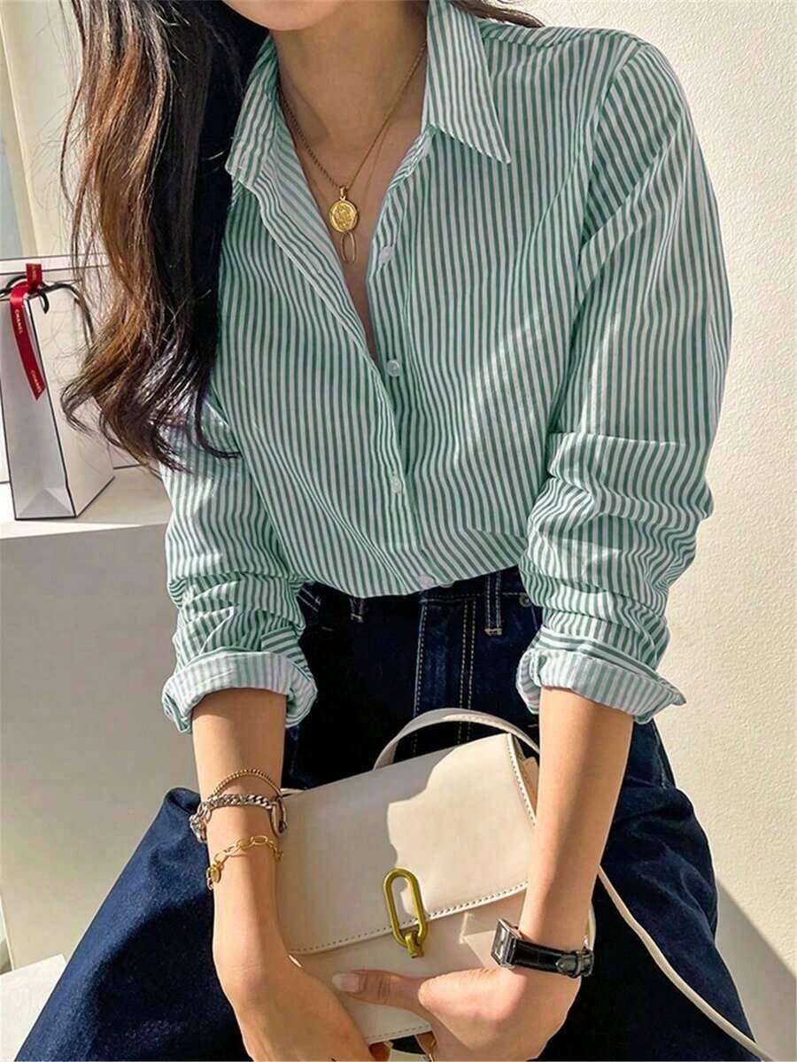 Lindo cárdigan de manga larga con botones y rayas azules, blusa/parte superior casual elegante vintage para mujer, adecuado para primavera/verano, días festivos/Día de San Valentín - Verde - Ver 1