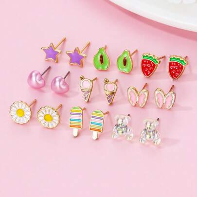 Bộ 9 khuyên tai hình hoạt hình dễ thương phong cách Bohemian dành cho bé gái, kiểu dáng bãi biển, đính ngọc trai giả, hình hoa, bướm, trái cây, hoa hướng dương, kem, trái tim, gấu bông, thích hợp để đeo hàng ngày, làm quà tặng, trong các dịp lễ hội.