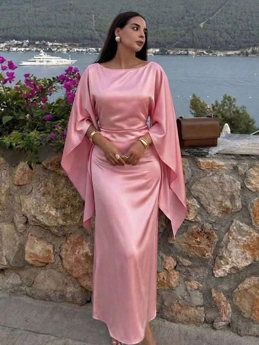Casual Elegant Women's Dress, Boat Neck, Extra Long Sleeves, Tie Back, A-Line Hem, Smooth Woven Fabric, Casual Dress Pink Spring - Hồng - Xem 1