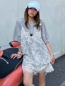 Vestido de mujer con mangas cortas y encaje, 2 en 1, vestidos casuales de mujer, vestidos florales para mujer - Gris 2 - Ver 3