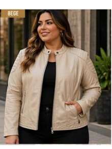 Women's Plus Size PU Leather Padded Biker Jacket - 米色 - View 2