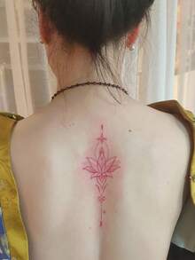1张纹身贴纸，中国风禅意粉色莲花曼陀罗线条，临时纹身贴纸，可水洗，PVC材质，一次性，防水防汗，适用于手臂、腰部、腹部、背部和腿部，不反光，逼真纹身效果，适合人群，日常使用，可持续3-5天 - 粉色 - 查看 3