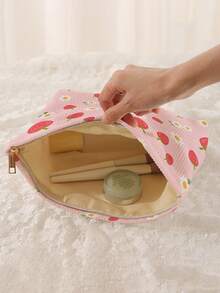 1pc Portable Cosmetic Bag With Strawberry Flower Pattern, Double-Sided Printed Zipper Makeup Bag, Multifunctional Travel Toiletry Organizer - Multicolor - View 2