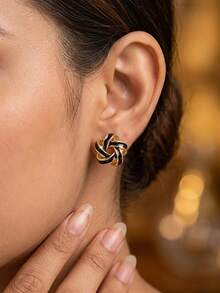 1 par de pendientes de espiral esmaltados retro, pendientes de diseño geométrico retorcido único, pendientes elegantes y versátiles para el transporte para mujeres - Negro - Ver 6