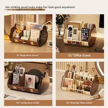 Multi-Compartment Desktop Organizer, Vintage Style Student Pen Holder Stationery Storage Rack, Makeup Divided Storage Basket, Large Capacity Office Desk & Dormitory Miscellaneous Storage Rack, Comes With Decorative Stickers School Supplies - Multicolor - View 7