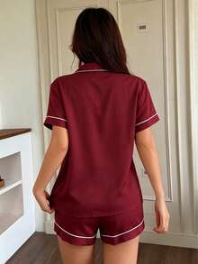 2件組女款睡衣套裝，附口袋，刺繡愛心短袖上衣與短褲，四季皆宜 - 酒紅色 - 查看 2