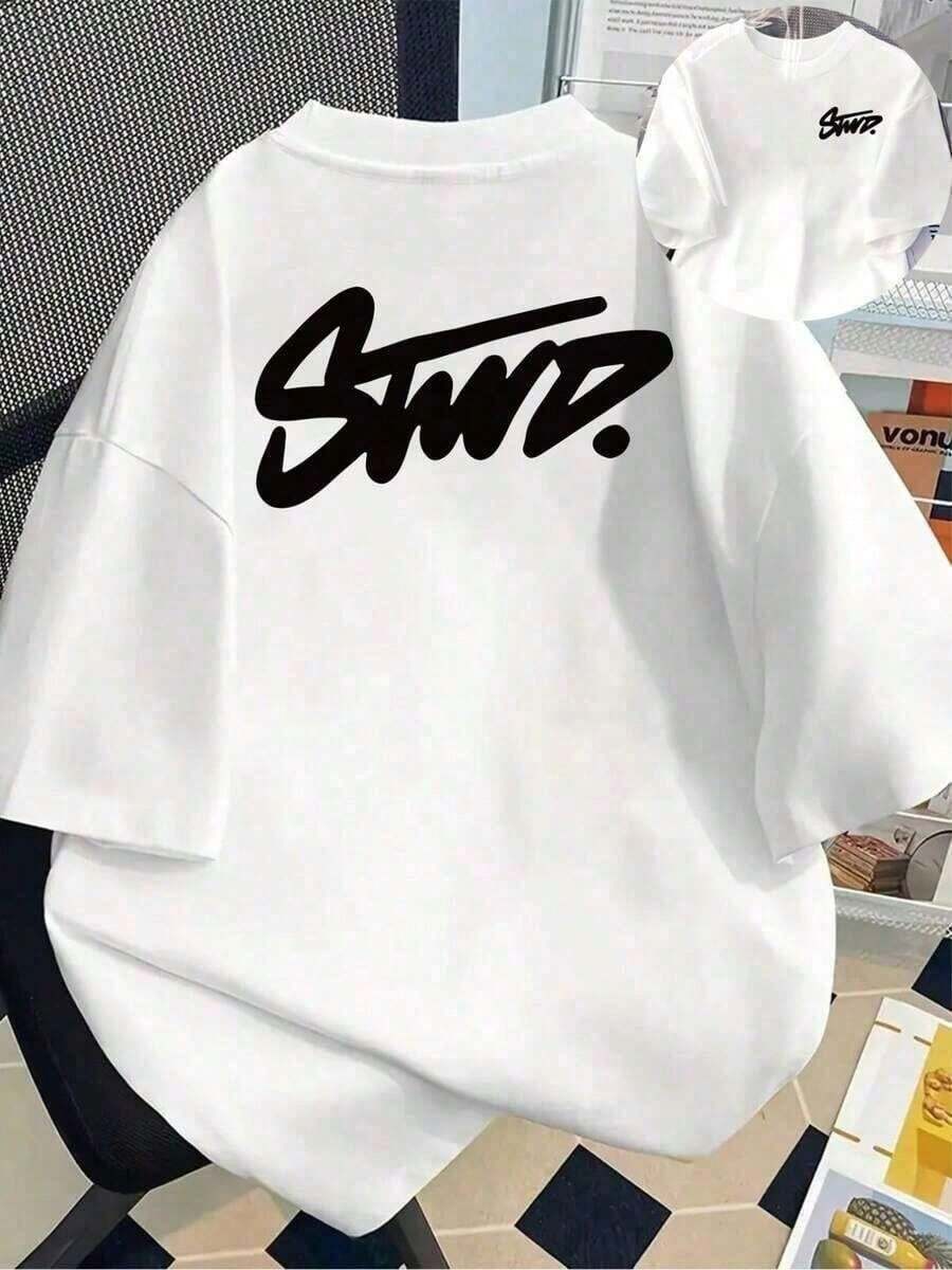 STWD.Oversized T-Shirt With Letters And STWD.Logo Print - Casual Short Round Neck T-Shirt, Suitable For All Seasons - 白色 - 查看 1