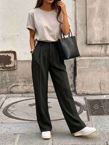 女士高腰修身阔腿裤，波西米亚街头风，适合春夏休闲、通勤穿着（不含腰带）黑色 - 黑色 - 查看 3