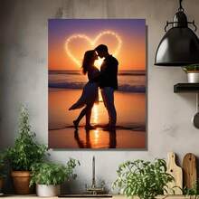 1 pieza de arte romántico que muestra una pareja en la playa durante el atardecer, iluminada por luces en forma de corazón y detalles de diamantes - Enmarcado - Ver 4