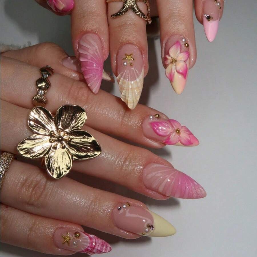 24 Pieces Of Fashionable, Sweet, Pink Yellow French Style Flower 3D Drip Nail Art Pieces, Fake Nail Products False Nails Press Onfalse Nails Acrylicfalse Nails Shortfalse Nails Handmadefalse Nails Almond, Reusable Fake Nails Are Suitable For Daily Wear, Parties, Weddings, Dances, Dates, Vacations, Holidays, Banquets, Shopping, Streetwear, Offices, And Birthday Gifts - FT-185 - 查看 1