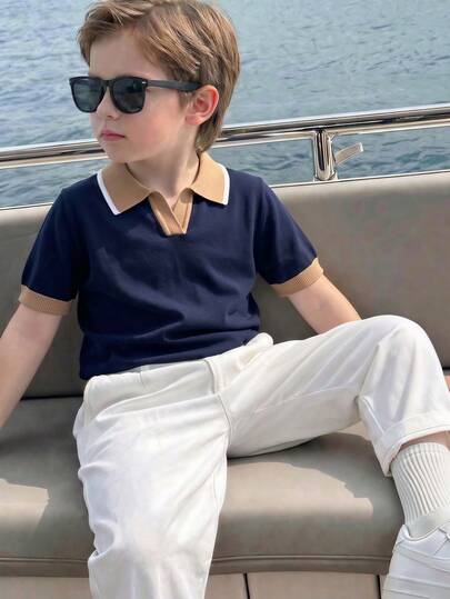Niños pequeños Polo de manga corta ligero de punto con bloqueo de color, uso casual diario, adecuado para primavera, verano, principios de otoño, Eid Al-Fitr, vacaciones