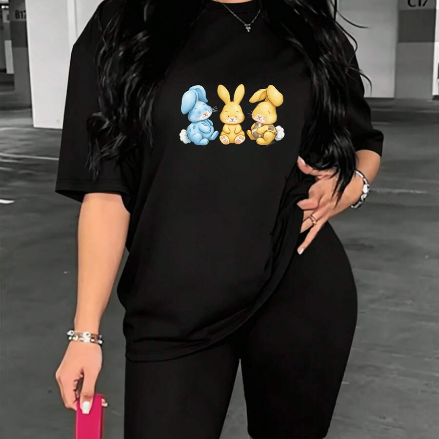 1 Piece Kawaii Rabbit T-Shirt Casual Style For Women Spring Summer Available In Various Colors Relaxed Fit - Black - View 1