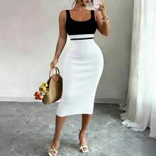 Vestido Midi Bodycon de Punto Elástico sin Mangas con Cuello Cuadrado y Bloques de Color Blanco y Negro para Mujer, Elegante para el Verano, Uso Diario y Fiestas - Negro - Ver 4