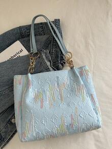 1pc Contrast Color Striped Patchwork Pattern Polyester Large Capacity Zipper Fashionable Shoulder Bag, Suitable For Women's Daily Use - Baby Blue - View 8