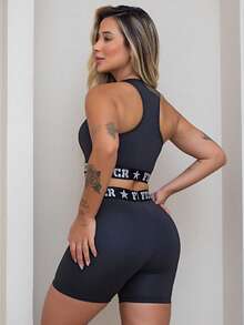 Kit 2 Conjuntos Zero Transparencia 2 Tops e 2 Shorts Elástico Exposto Academia Fitness Feminino - Preto e Off Mescla - Visão 8
