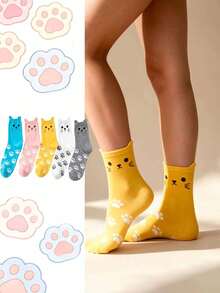 5 pares de calcetines de media caña para mujer, con diseño de gato lindo y estampado de pata de gato de dibujos animados, de estilo femenino suave y versátil, adecuados para todas las estaciones - Multicolor - Ver 1