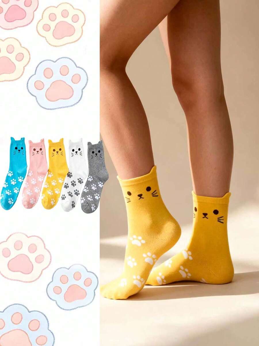 5 pares de calcetines de media caña para mujer, con diseño de gato lindo y estampado de pata de gato de dibujos animados, de estilo femenino suave y versátil, adecuados para todas las estaciones - Multicolor - Ver 1