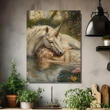 1 pieza de Arte en Lienzo con Marco para Pared - Encantador Unicornio Blanco y Princesa Durmiente en el Agua, Impresión de Arte Fantástico Vibrante con Marco Envoltorio, Decoración de Lona Premium para Dormitorio, Sala de Estar, Guardería, Oficina, Decoración de Habitación de Unicornios, Plano 2D - Enmarcado - Ver 4