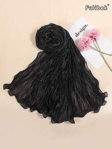 1pc Women's LightweightLinen Solid Color Ruffle Edge Crinkle Scarf, Fashionable Casual Suitable For Daily Matching, Beach, Travel, Sun Protection,Accessories,Holiday - Black - View 5