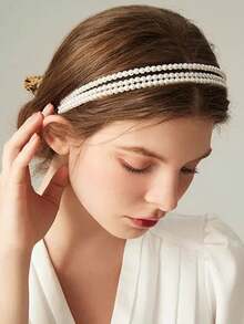 2pcs/Set (Faux Pearl Headband + Faux Pearl Hair Clip) Women's Hair Accessories, Multi-Layer Faux Pearl Headband, Elegant Gift For Summer, Travel, Beach, Photography, Dates, Casual Walks, Candlelight Dinners, Daily Wear Hair Band Diadema Hair Hoop - White - View 2