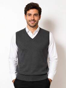 Men's Plain Knit Vest With V-Neck - Dark Grey - View 1