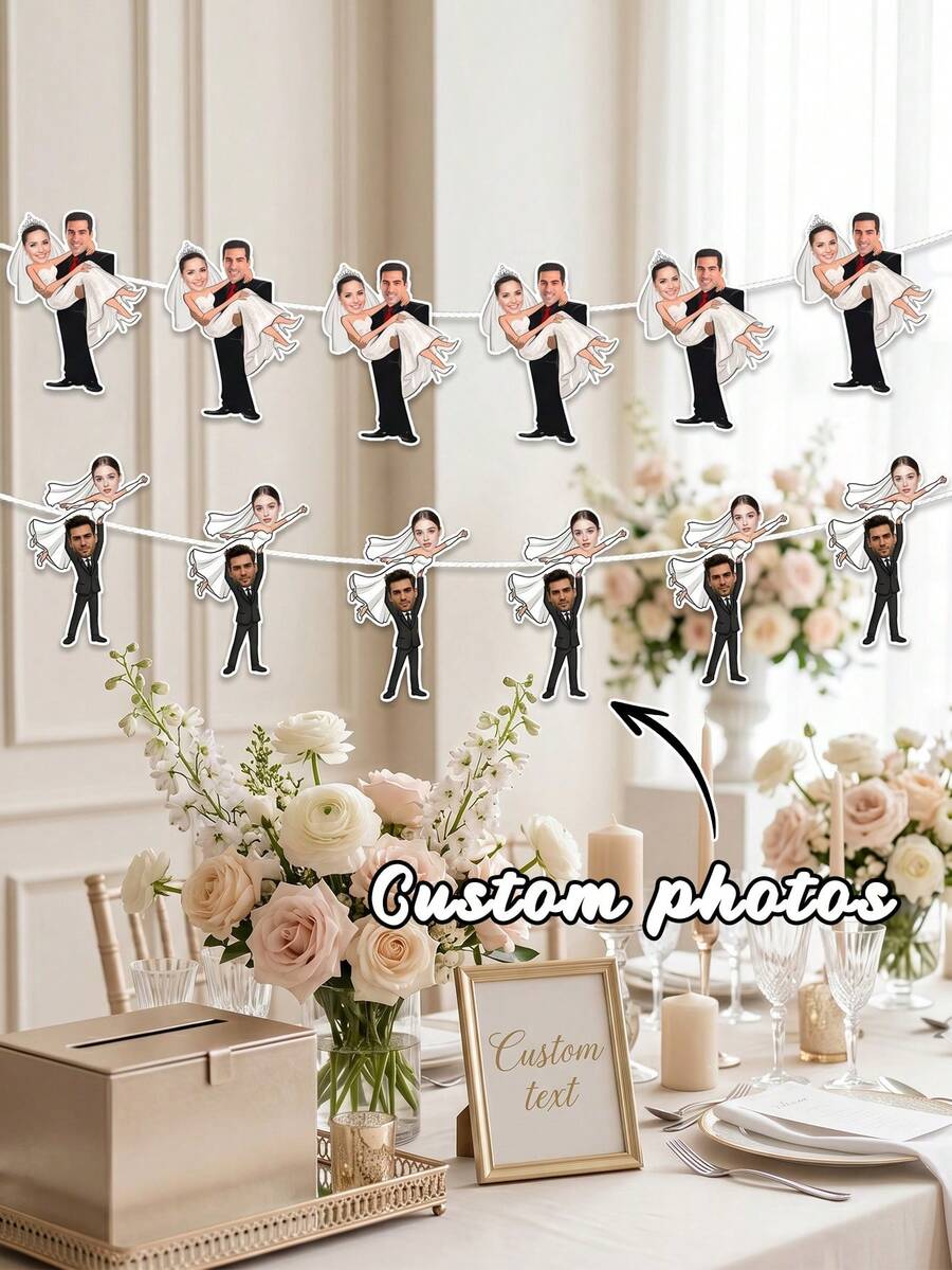 7pcs Custom Bride And Groom Photo Banner, Personalized Wedding Couple Banner, Funny Carrying Bride Bachelorette Party Decoration,Custom Bride Carried By Groom Photo Banner,Funny Wedding & Bridal Shower Decoration - Multicolor - View 1