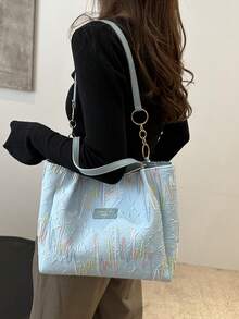 1pc Contrast Color Striped Patchwork Pattern Polyester Large Capacity Zipper Fashionable Shoulder Bag, Suitable For Women's Daily Use - Baby Blue - View 5