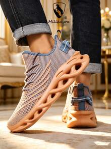 2025 Printemps/Été Nouvelles chaussures de sport légères et respirantes, baskets décontractées pour l'extérieur, chaussures de course, chaussures de randonnée confortables, semelle extérieure en composé MD + arête-de-poisson, antidérapante, douce et confortable, design à motif asymétrique aléatoire - Tabac - Voir 4