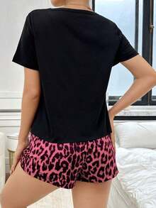 Conjunto de pijama con cuello redondo y manga corta con estampado de leopardo - Multicolor - Ver 2