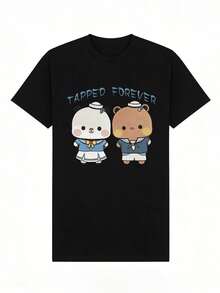 Camiseta de verano para mujer, casual, de cuello redondo y manga corta, con un estampado dulce de dos adorables osos marineros con uniformes azules y la frase "Forever". Color negro. - Negro - Ver 4