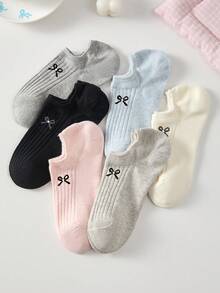 5 pares de calcetines de tobillo sólidos con lazo bordado lindo para mujeres, calcetines invisibles antideslizantes para uso diario, adecuados para todas las estaciones, entrega de colores aleatorios - Multicolor - Ver 6
