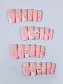 Bộ 24 móng tay giả hình quan tài dài, dạng gel 3D, bao gồm thiết kế hoa và trang trí ngọc trai, móng giả acrylic ngắn vừa vặn hoàn hảo, kèm theo 1 tờ miếng dán gel và 1 dũa móng. - Nhiều màu - Xem 3
