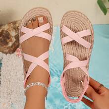 1 par de sandalias planas nuevas de color rosa para niñas, material de banda elástica de alta elasticidad, diseño de banda elástica estilo bohemio, sin cordones, suela de doble capa de alta elasticidad, de moda y versátil, adecuado para niñas de 3 a 14 años, verano, a juego con mamá, viajes al aire libre, vacaciones, días festivos, playa, juegos de agua (el tamaño es pequeño, por favor consulte la tabla de tallas en la página de detalles) - Rosa - Ver 11