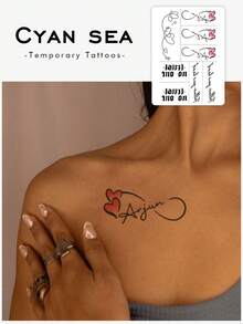 1 Sheet Of Tattoo Stickers, Simple Heart English Signature Collection, Temporary Tattoos, For Arms, Abdomen Non-Reflective, Realistic Tattoos Suitable For People, For Daily Use, Can Last3-5Days - Multicolor - View 1