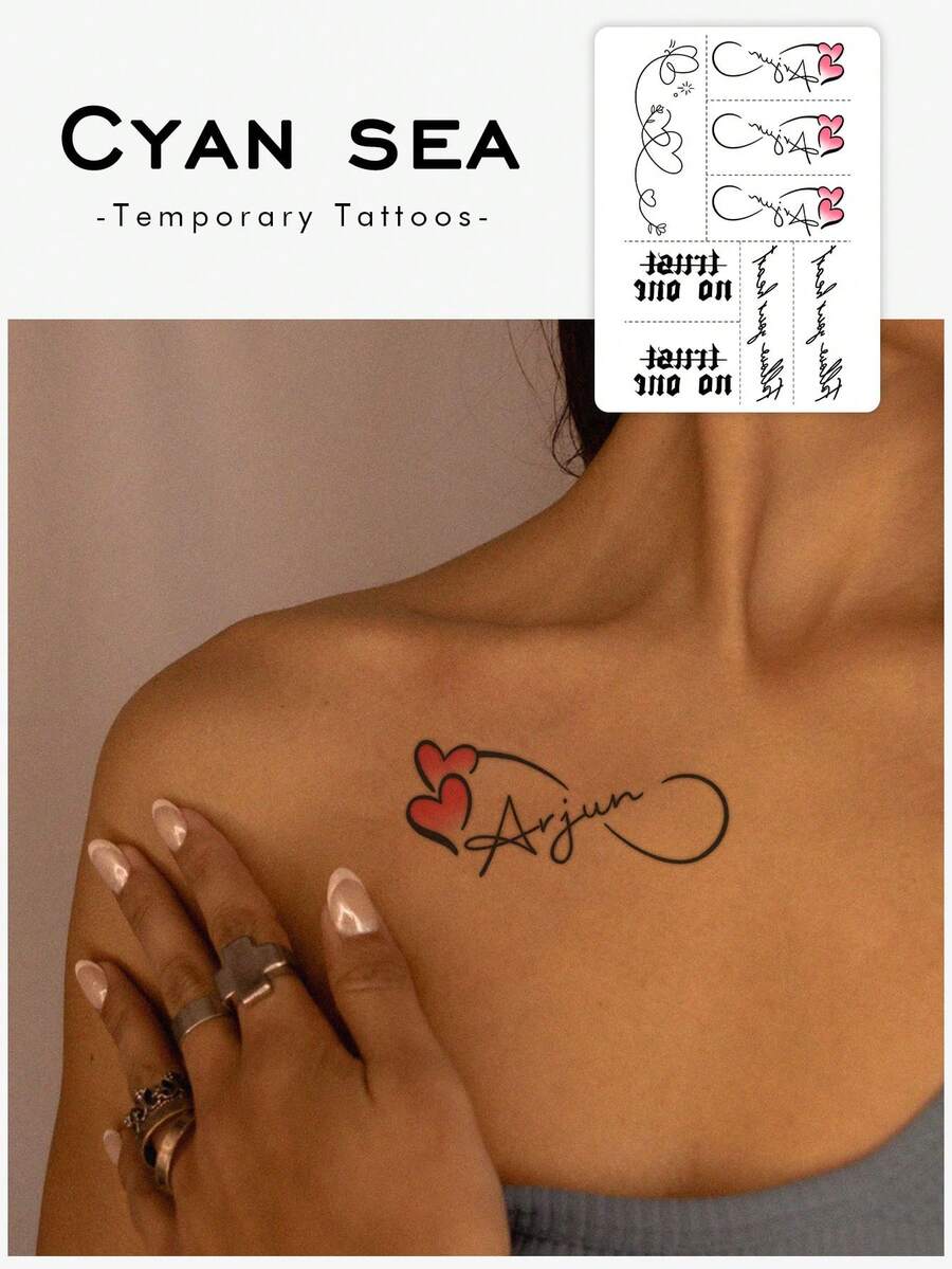 1 Sheet Of Tattoo Stickers, Simple Heart English Signature Collection, Temporary Tattoos, For Arms, Abdomen Non-Reflective, Realistic Tattoos Suitable For People, For Daily Use, Can Last3-5Days - Multicolor - View 1